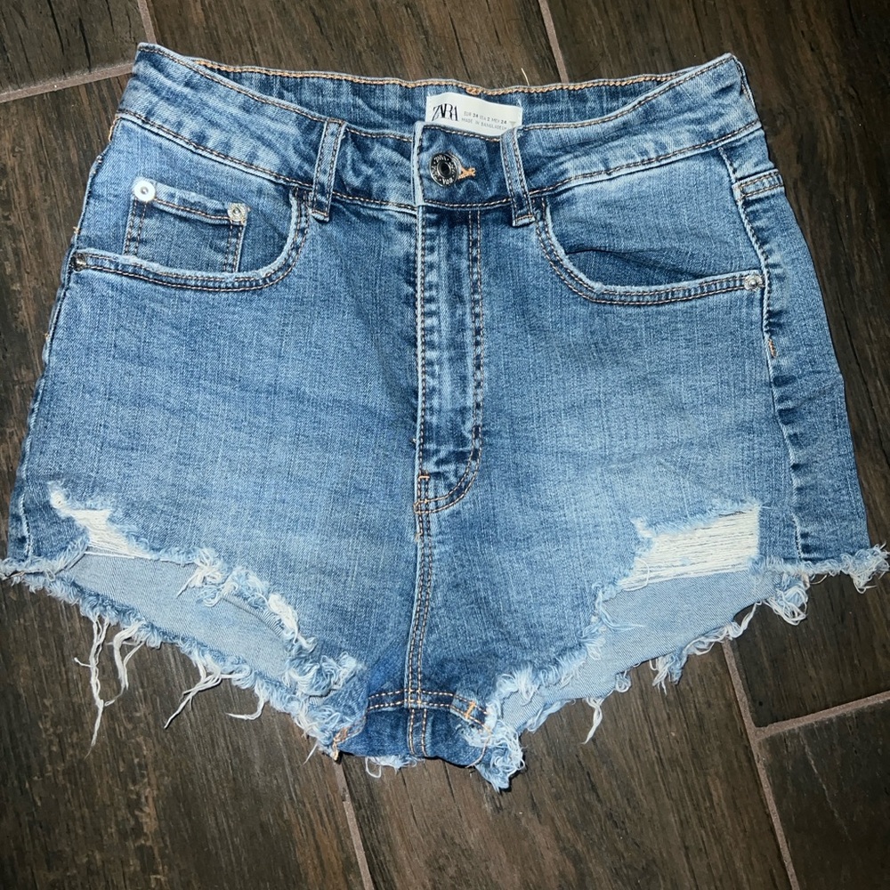 Zara Blue Jean Shorts Distressed High-Waisted